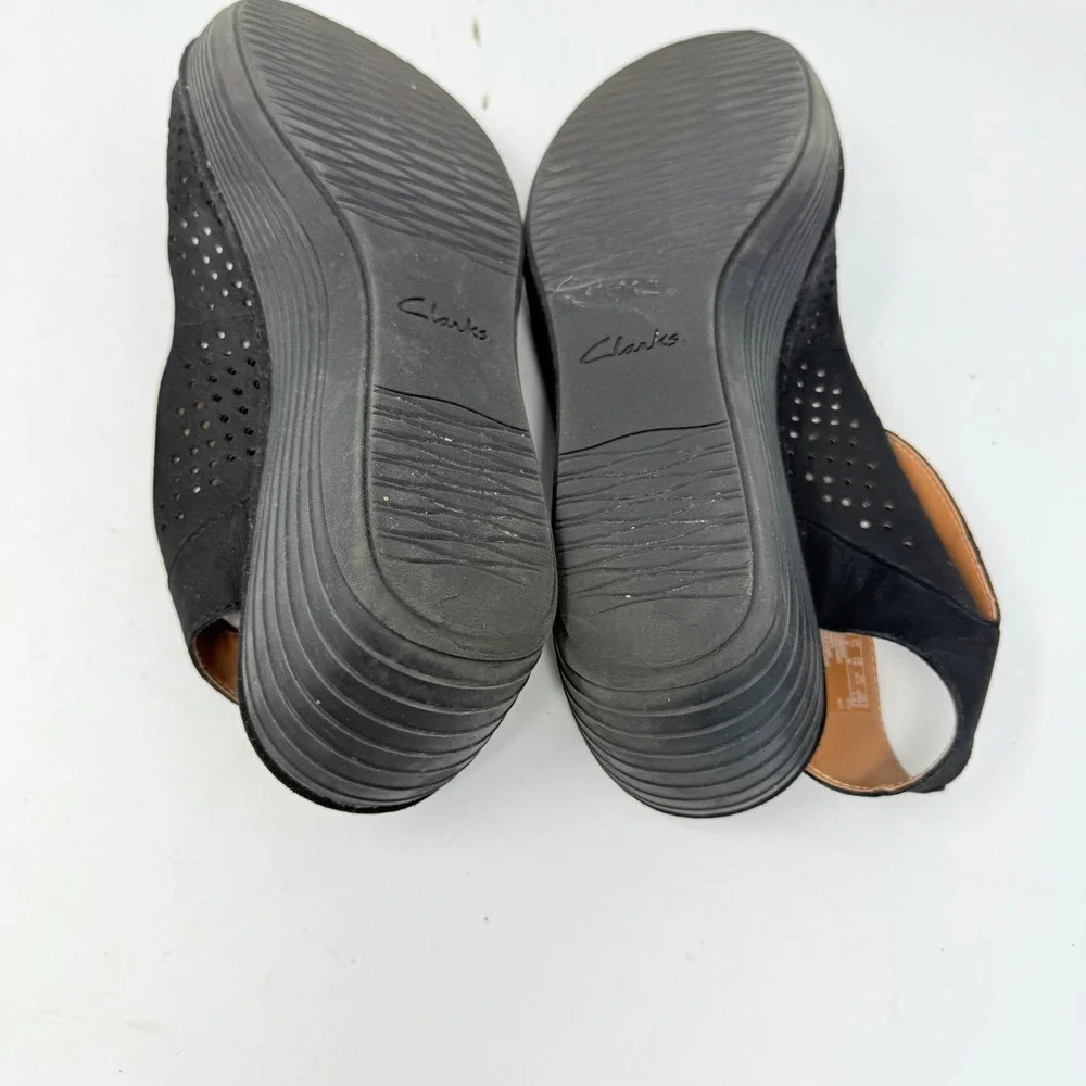 Clarks‎ Womens Black Perforated Wedge Sandals Ankle Strap Comfort Size 10